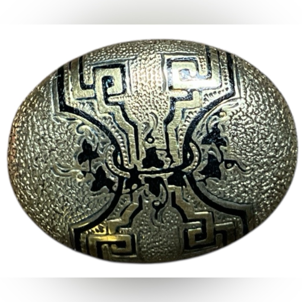Vintage Oval Gold Tone Brooch Greek Key Black Enamel Dome Pin